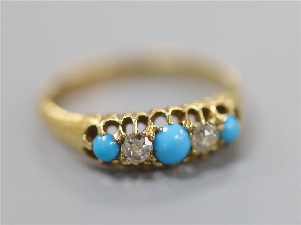 A late Victorian 18ct gold, turquoise and diamond set five stone half hoop ring, size L, gross 2.9 grams.